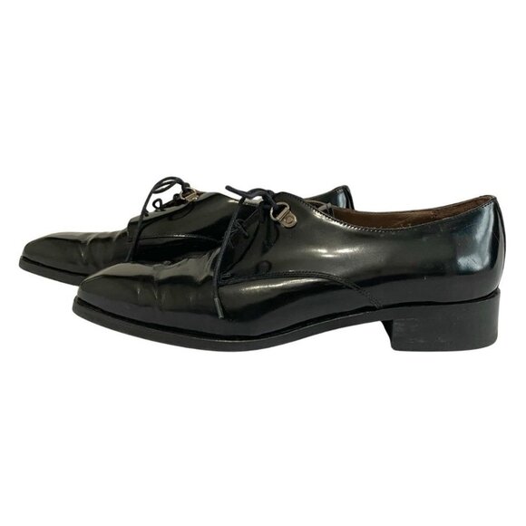 PERTINI WOMEN'S BLACK GLOSSY LEATHER LACE UP LOAFERS - 7 - Picture 1 of 8